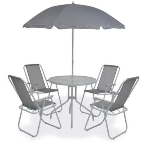 Table ronde avec parasol et 4 chaises de jardin métal gris Castle