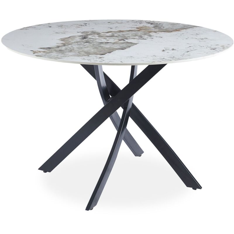 Table ronde Bangui 120cm Céramique effet marbre Blanc et pieds croisés Métal Noir