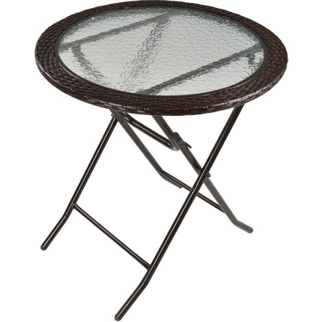 OUTSUNNY Table ronde bistro de jardin pliable dim. Ø 68 x 73H cm métal époxy résine tressée chocolat plateau verre trempé