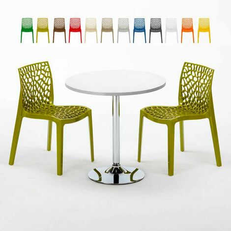 Table Ronde Blanche 70x70cm Avec 2 Chaises Colorées Grand Soleil Set Intérieur Bar Café Gruvyer Long Island