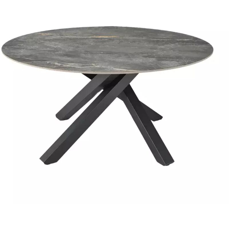 Table ronde extensible D.150 cm céramique gris marbré – Pieds métal noir – Jusqu'à 8 places – Hauteur 76 cm – Meubletmoi