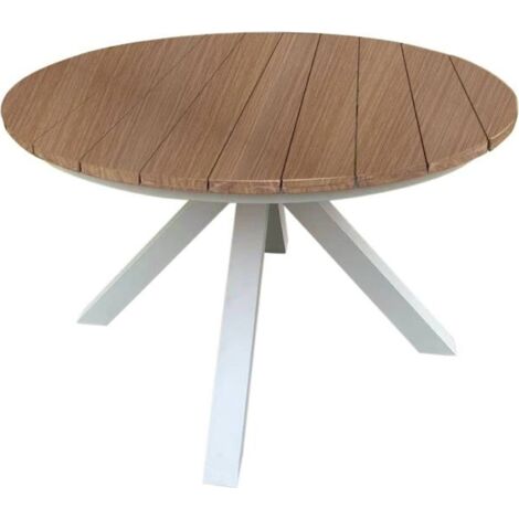 Table ronde de jardin aluminium blanc style contemporain extérieur - blanc et bois naturel