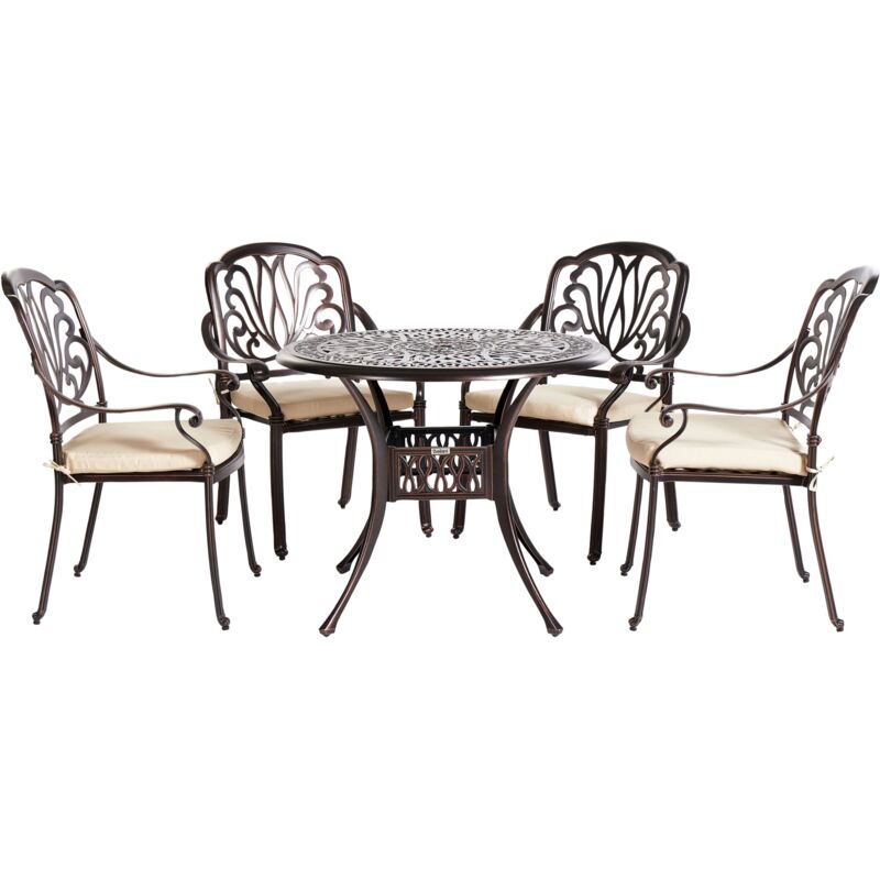 Beliani - Set de Jardin Table et 4 Chaises Aluminium Marron Cuivre Coussins Beiges Ancona