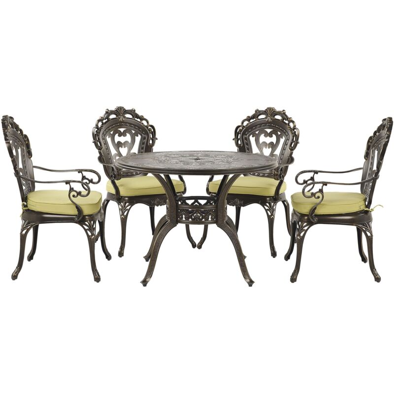 Ensemble de Repas de Jardin Table Ronde et 4 Chaises Assorties en Aluminium Marron et Doré Effet Vieilli pour Extérieurs Vintage Classiques Beliani