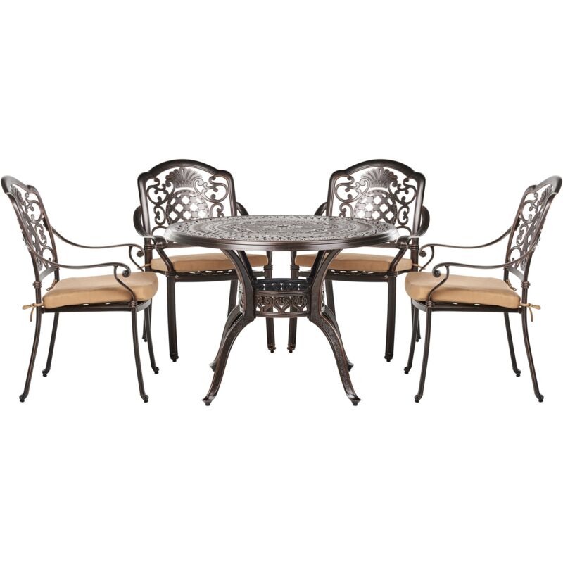 Set de Jardin Table et 4 Chaises en Aluminium Marron Cuivré et Coussins Salento