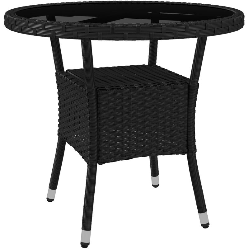 Outsunny - Table ronde de jardin résine tressée plateau verre trempé avec étagère noir