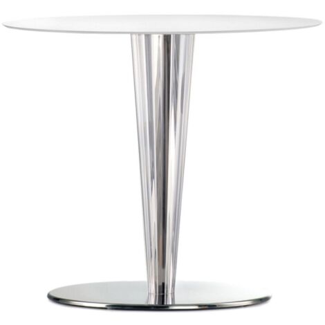 Table ronde design acier poli et plateau en stratifié blanc 130cm