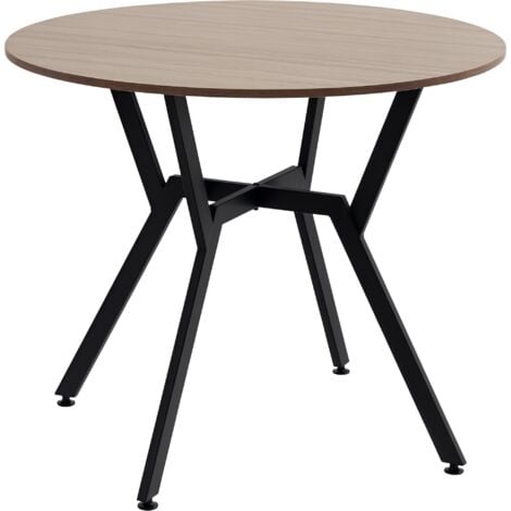 Table ronde design contemporain - dim. Ø 90 x 76H cm - acier noir aspect bois noyer