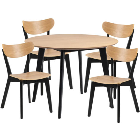 Table ronde en bois chêne/noir D105 + 4 chaises chêne/noir - LETA