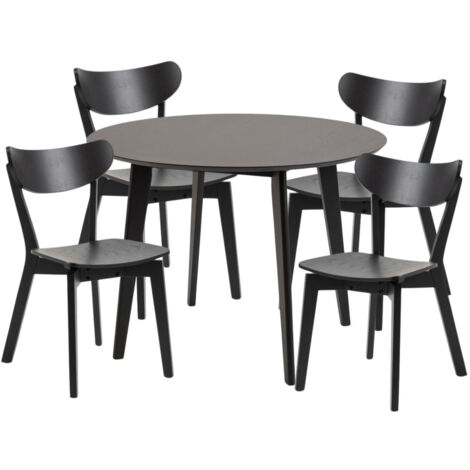 Table ronde en bois noir D105 + 4 chaises en bois noir - LETA