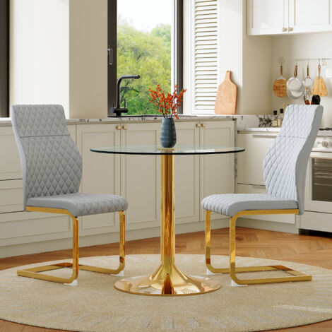 Table ronde en verre 85 cm de diamètre, style luxe léger, avec pieds métal doré, + 2 chaises de salle à manger modernes gris clair et doré