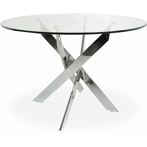 Intensedeco – Table ronde en verre trempé Ø120 cm – Pieds en métal chromé – Pour 5 personnes – Hauteur 74 cm – Design moderne pour salle à manger