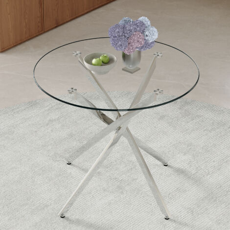 Table ronde en verre trempé 88 cm cadre métal argenté,design luxueux discret pour 2 à 4 personnes et petit appartement.