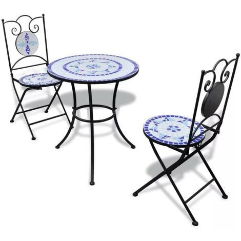 Table ronde et 2 chaises de jardin mosaïquées bleu et blanc Mel