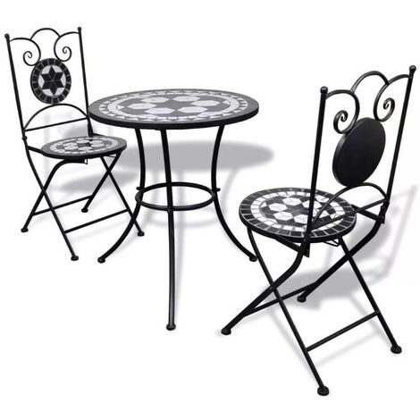 Table ronde et 2 chaises de jardin mosaïquées noir et blanc Mel