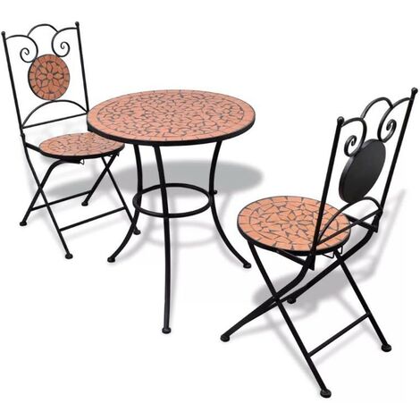 Table ronde et 2 chaises de jardin mosaïquées noir et marron Mel