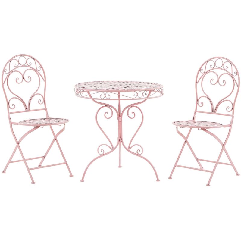Set de Jardin de type Bistrot Table et 2 Chaises en Métal Rose avec Ornaments Décoratifs pour Terrasse ou Balcon Classique et Romantique Beliani