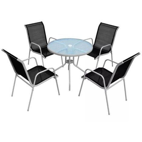 Table ronde et 4 chaises de jardin métal noir et blanc Castle