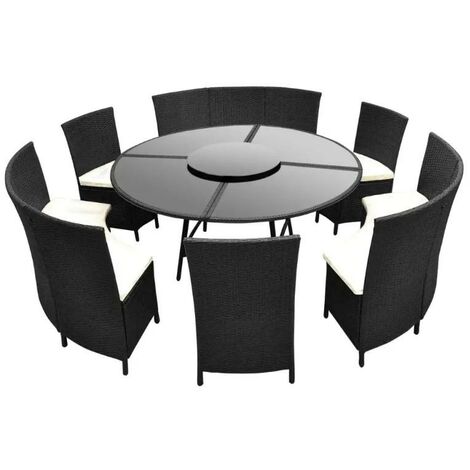 Table ronde et chaises de jardin métal et résine tressée noir Kraft