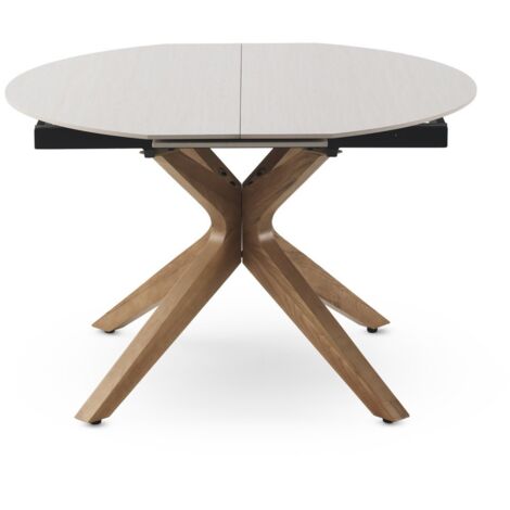 Table ronde extensible 120/160 x 90 cm, pieds en chêne, plateau en céramique effet marbre travertin