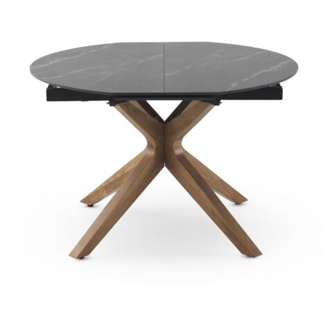 Table ronde extensible 120/160 x 90 cm, piètement en chêne, plateau en céramique effet marbre noir Verona