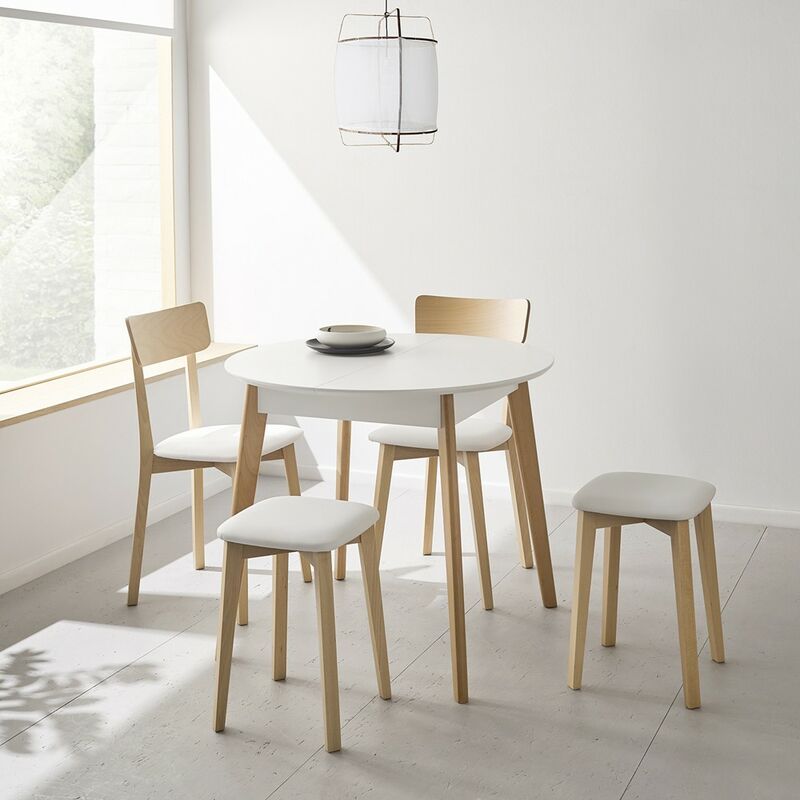 Fanmuebles - Table ronde extensible blanche avec pieds en bois de hêtre 90 - 135 cm (largeur) x 77 cm (hauteur) x 90 cm (profondeur)