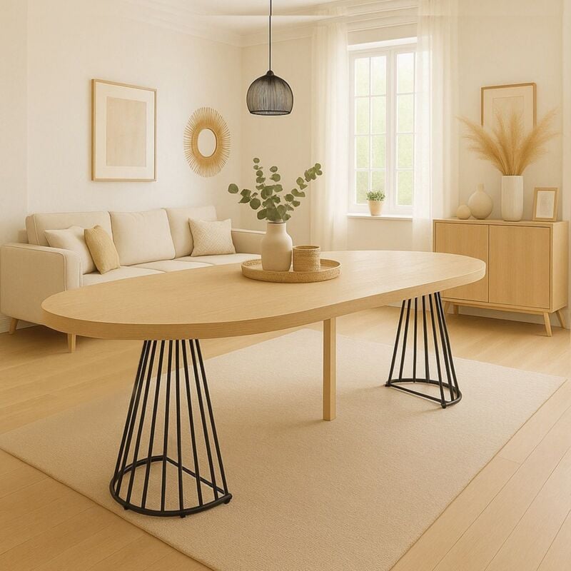 Cotecosy - Table ronde extensible Grivery Chêne Clair pieds Noir