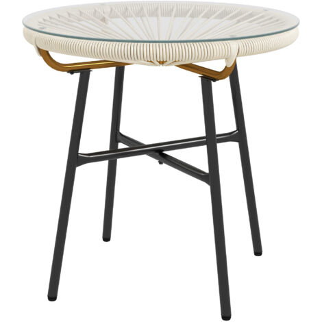 Table Ronde Jardin Résine Rotin Métal Plateau Verre Trempé Ø50x50cm Crème