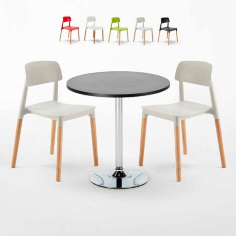 Table Ronde Noire 70x70 et 2 Chaises Colorées Bar Café Barcellona Cosmopolitan