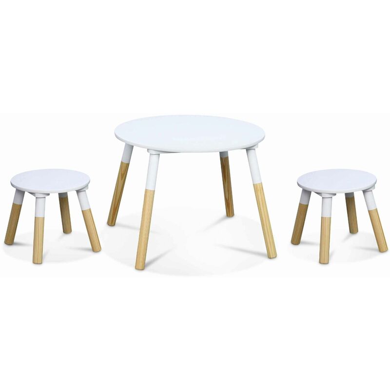 Table ronde pour enfants. deux tabourets tobias - bois massif en pin naturel blanc - Ø55 x H43CM - Blanc