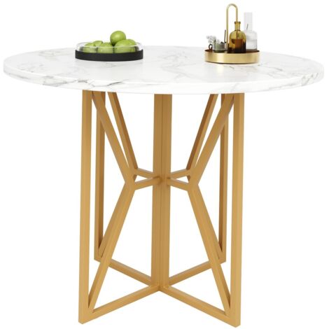 Table ronde salle à manger 80cm - Plateau marbre MDF & pieds dorés - Pour 4-6 pers - Salon/séjour
