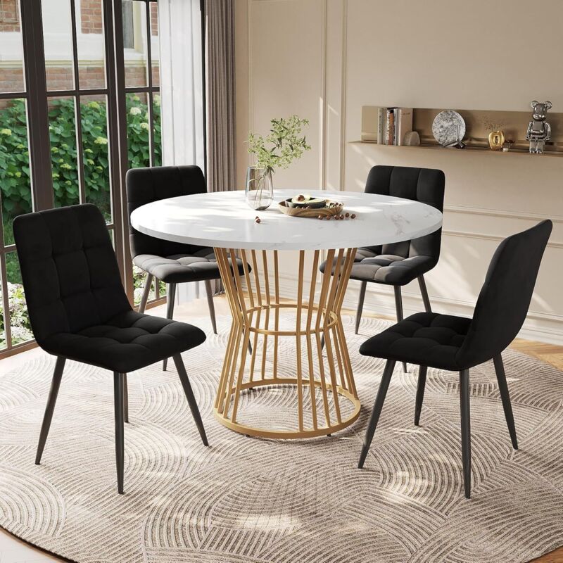 Table à manger ronde, motif marbre, pour 2 à 4 personnes, cadre en métal, pieds de table réglables, design industriel, convient pour restaurant,