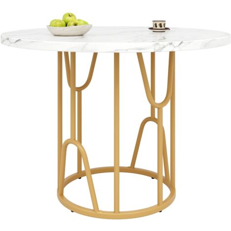 Table ronde salon 80cm - Plateau marbre MDF & pieds dorés - Pour 4-6 personnes - Style moderne