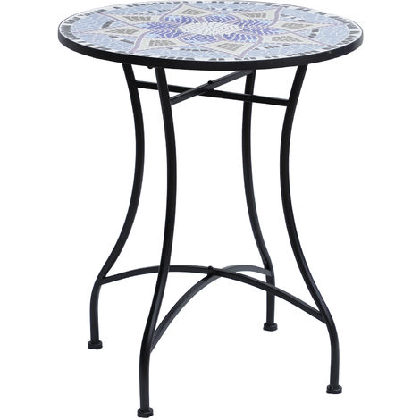 Table ronde style fer forgé bistro plateau mosaïque motif fleur métal époxy anticorrosion noir céramique - Noir