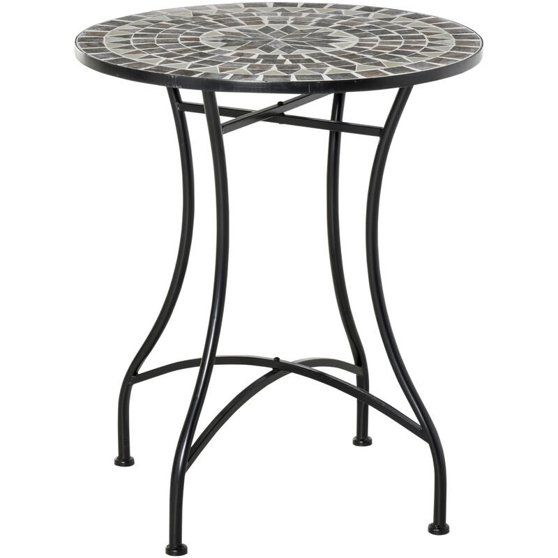 Outsunny - Table ronde style fer forgé bistro plateau mosaïque motif rose des vents métal époxy anticorrosion noir céramique - Gris