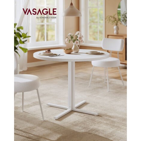 VASAGLE Table Ronde, Table de Cuisine, pour 4 Personnes, Style Campagnard, Surface Résistante à l'Eau, 80 cm de Diamètre, 74,8 cm de Hauteur, pour Salon, Blanc Neige