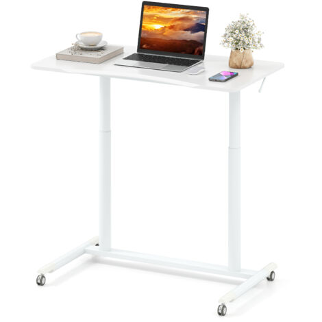 Table Roulante pour Lit Canapé 95x52cm, Bureau Debout Réglable en Hauteur, Table d'Appoint en Forme C sur Roulettes Verrouillables, Blanc
