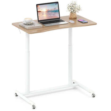 Table Roulante pour Lit Canapé 95x52cm, Bureau Debout Réglable en Hauteur, Table d'Appoint en Forme C sur Roulettes Verrouillables, Naturel