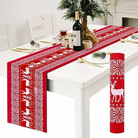 Table Runners, Red Linen Christmas Table Runners Tablecloth with White Reindeer Pattern, Non-slip Long Xmas Table Cloth Christmas Runner for Christmas Dining Tables Decorations 12 x 108 Inch