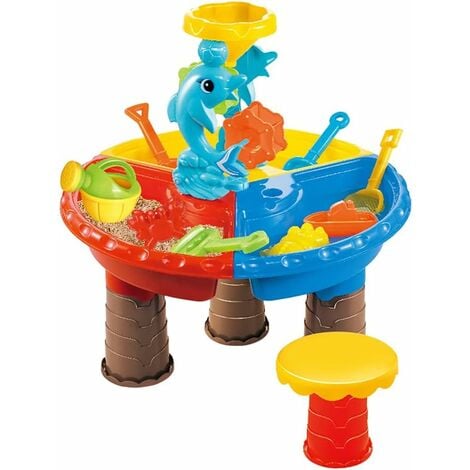 Table Sable et Eau Enfant, Table de Sable Jouets 3 en 1 Ensemble de Jeu de Table dactivité Bac à Sable et Table à Eau Jeux avec Chaises Pelle à Sable, Jouet de Plage pour Garçons Filles