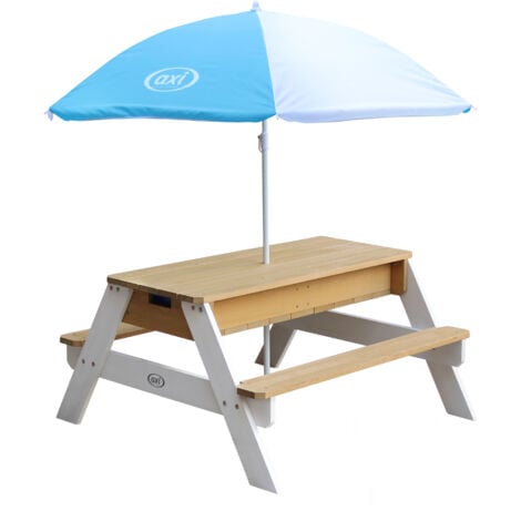 Table Sable et Eau Nick brun/blanc, avec parasol bleu/blanc