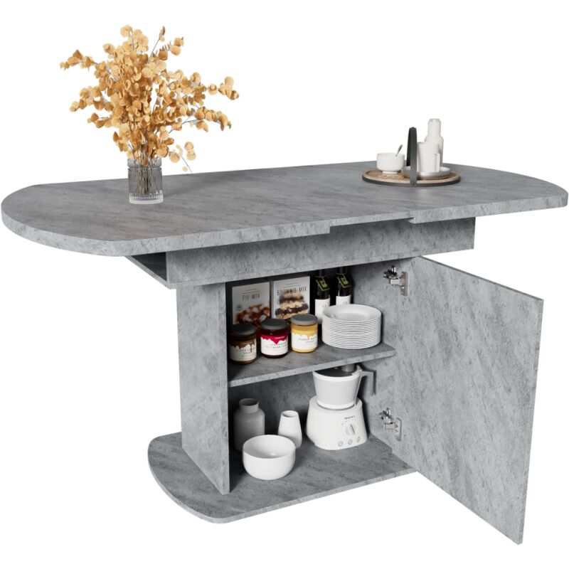 Fairwhale - Table Salle à Manger Ovale Extensible 110-130cm Béton - Minimaliste Rangement Poignée Argentée Multifonction