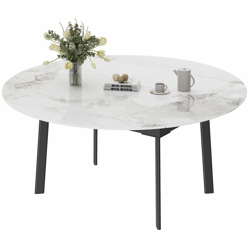 Table Salle à Manger Ronde Extensible avec Rallonge 4 à 6 Personnes Grande Table Cuisine Marbre Noir 130x130x79cm - Blanc Jade