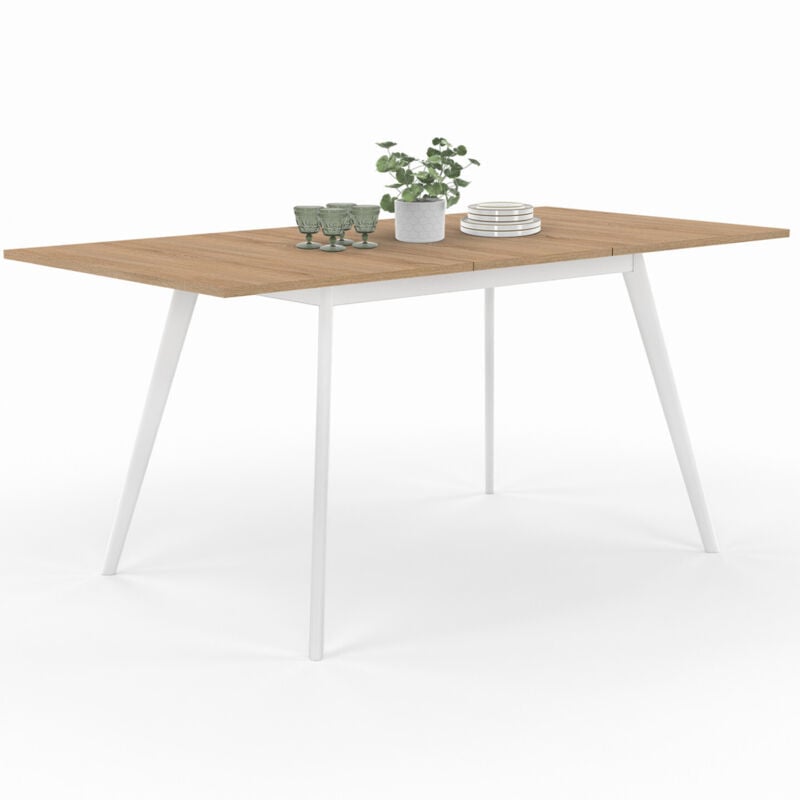 Table scandinave extensible rectangle inga 4-8 personnes plateau bois pieds blancs 120-160 cm