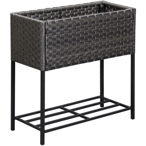 Table Surélevée Tressée en Poly-Rotin avec Pieds et Étagère, 70 x 30 x 72 cm, Marron pour Jardin Balcon Terrasse