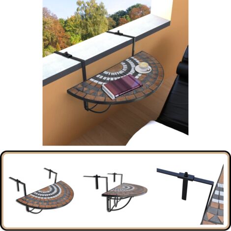 Table suspendue de balcon Terre cuite et blanc Mosaïque - Table De Balcon - Table Suspendue - Mobilier De Jardin - Table Ronde - Table Extérieure