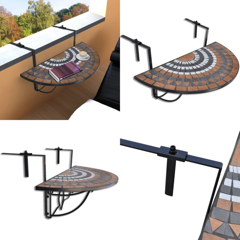 Table suspendue de balcon Terre cuite et blanc Mosaïque - Table De Balcon - Table Suspendue - Mobilier De Jardin - Table Ronde - Table Extérieure