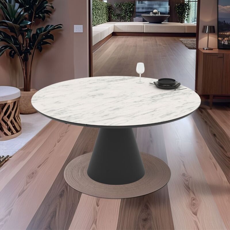 Table tournante à rallonge avec plateau effet marbre blanc mat et piétement métal noir 150x94x76H cm - Yucap