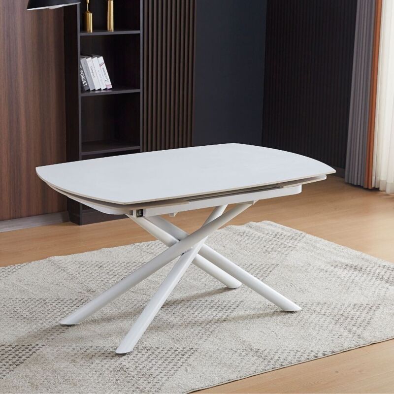 Table tournante à rallonge avec plateau en céramique effet marbre blanc mat 140x90x76H cm - Denis