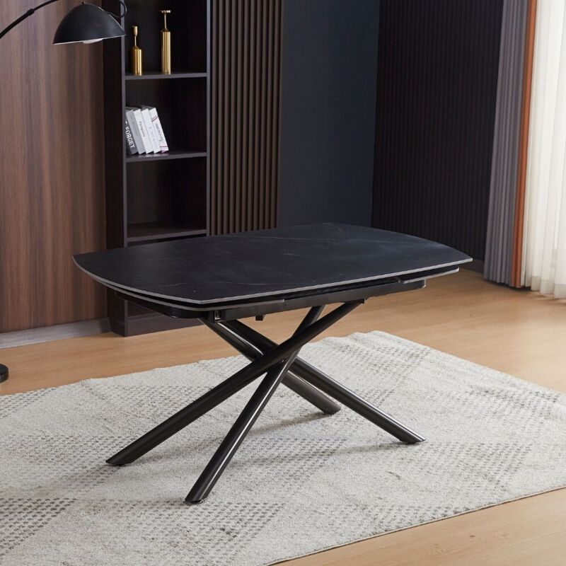Table tournante à rallonge avec plateau en céramique effet marbre noir mat 140x90x76H cm - Denis